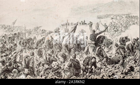 Flankierende Bajonett Angriff der serbischen Armee gegen die türkischen Truppen in der Schlacht bei Aleksinac (in Zentral Serbien, 1876). Das zahlenmäßig Serbi Stockfoto