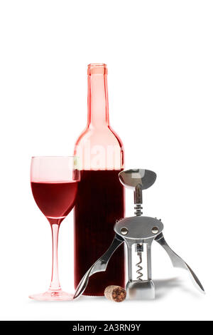 Wein Glas mit Flasche und Korkenzieher (clipping path). Stockfoto