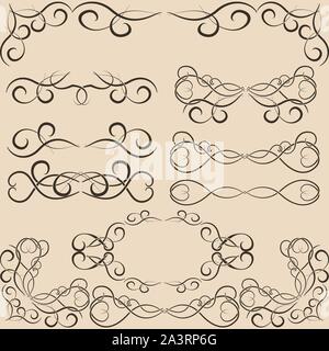 Satz von Vintage kalligrafischen Wicker Muster mit Herzen und florale Elemente einer dunklen Farbe auf einem beigen Hintergrund. Dekorative Ränder und Ecken. Stock Vektor