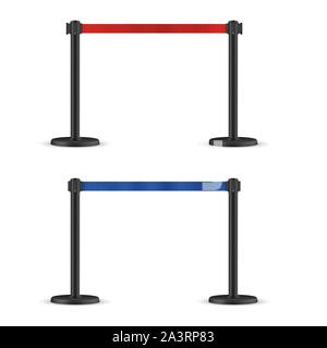 Gurtabroller stanchion eingestellt. Tragbare ribbon Barriere. Blau und Rot fechten Tape Stock Vektor