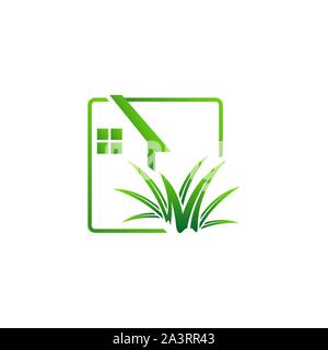 Gartenbau Landschaftsbau Logo Design vector Rasen und Haus Abbildungen Stock Vektor