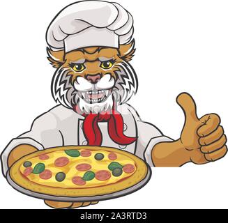 Wildcat Pizza Chef Cartoon Restaurant Maskottchen Zeichen Stock Vektor