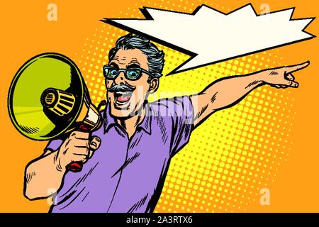 Ein älterer Mann mit einem Megaphon. Pop Art retro Vektor illustration Zeichnung vintage Kitsch Stock Vektor