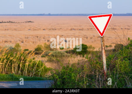 Ertrag Verkehr neben der Landstraße neben reedish Moorland am See Ferto, Fertorakos, Ungarn. Weg zur Natur Konzept geben. Stockfoto