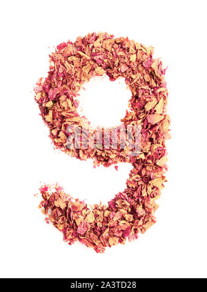 Nummer 9, aus Rosenblättern, auf weißem Hintergrund. Essen und Typografie. Design Element. Stockfoto