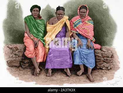 Zentralafrika. Drei Frauen aus dem Land der Gambaragara (Uganda), die zu den Expeditionary Corps, Expedition von Stanley. Zeichnung von Etienne Ronjat (1822-1912). Kupferstich von Charles Laplante (1837-1903). Afrika inexplorada, el Continente Misterioso von Henry Morton Stanley, C. 1887. Später Färbung. Stockfoto