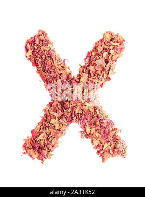 Buchstabe X aus getrockneten Rosenblättern, auf weißem Hintergrund. Essen Typografie, englische Alphabet. Design Element. Stockfoto