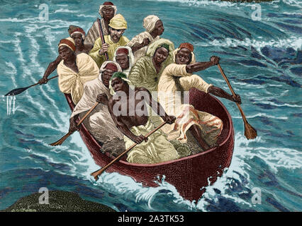 Afrika. Stanley übergibt die Stromschnellen des Kongo River im Kanu "Lady Alice' (heute Demokratische Republik Kongo). Gravur. Afrika inexplorada, el Continente Misterioso von Henry Morton Stanley, C. 1887. Später Färbung. Stockfoto