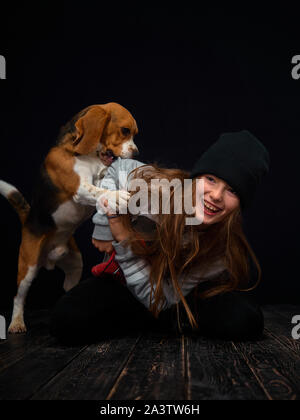 Ein rothaariges Mädchen von zehn Jahre alten spielt mit einem beagle Welpe, sitzend auf einem dunklen Holzboden gegenüber einem schwarzen Hintergrund. Stockfoto