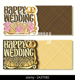 Vektor Einladungen für Hochzeit mit Kopie Raum, ein paar golden glänzenden Verlobungsringe und Blumenstrauß aus Rosen, original vintage Kalligraphie font für Stock Vektor