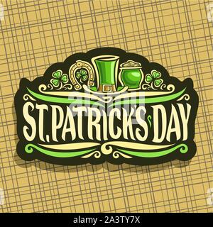 Vektor logo für Saint Patricks Day, vintage Papier schneiden mit shamrock Blätter, Aufkleber mit Titel St Patrick's Day, Lucky symbol Golden Horseshoe, le Stock Vektor