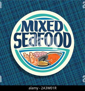 Vektor logo für Meeresfrüchte, gekochte Garnelen, Tintenfisch, Mittelmeer open raw Muschel und geschnittenes Stück Rot Lachs Fisch, ursprünglichen Bürste Schriftart für Titel m Stock Vektor