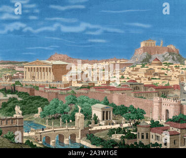 Griechenland. Athen unter Kaiser Hadrian (76-138 N.CHR.), der von 117 bis 138 regiert. Landschaft. Der Fluss Eridanos durch die Agora zur archäologischen Stätte der Kerameikos. Gravur. 19. Später Färbung. Stockfoto