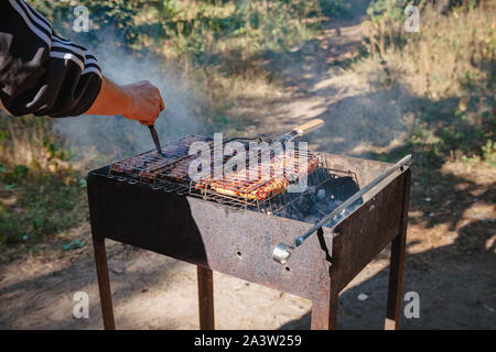 Fleisch - Kebab am Spieß und Grill Gitter. Ansicht von oben, close-up Stockfoto