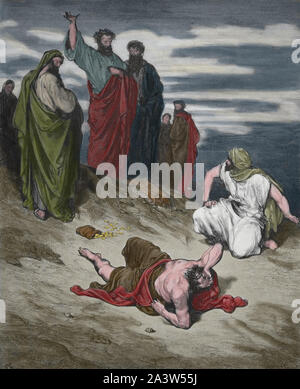 Handeln der Apostel. 5:5. Tod des Hananias. Gravur. Bibel Illustrationen von Gustave Dore. 19. Stockfoto