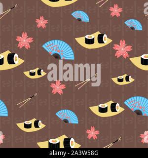 Süße japanische Küche und Elementen inspiriert nahtlose Muster Hintergrund Stock Vektor