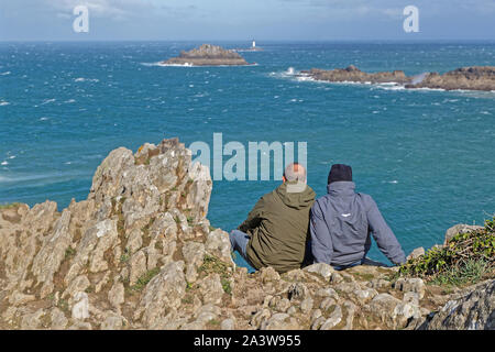 CANCALE, Frankreich, 29. September 2019: Markierung der westlichsten Spitze der Bucht des Mont-Saint-Michel, Pointe du Grouin ermöglicht von erhabenen vie zu profitieren Stockfoto