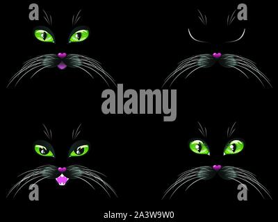 Cute cartoon Schwarz cat face mit stilisierten grünen Augen. Stock Vektor