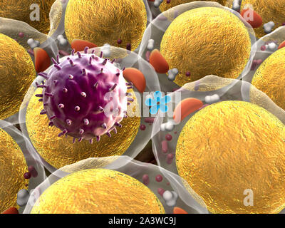 Bereich der Fettzellen, hochwertige 3D-Render von Fettzellen, Cholesterin in den Zellen, Zellen, Wirkmechanismus von Insulin, Humaninsulin, struct Stockfoto
