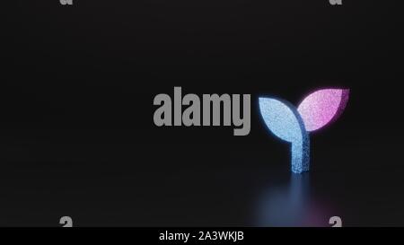 Glitter neon violett rosa ombre Symbol der zwei Blätter 3D-Rendering auf schwarzem Hintergrund mit unscharfen Reflexion mit funkelt Stockfoto