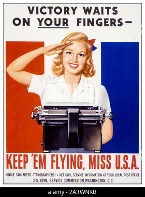 American, US, WW2, Rekrutierungsplakat für weibliche Sekretärin, Victory Waits on Your Fingers, Keep 'Em Flying Miss USA, (Frau hinter Schreibmaschine), 1941-1945 Stockfoto