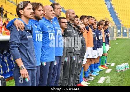 Die Bank azzurra während des Turniers" 8 Nazioni" 2019 - Unter 20 - Italien vs Inghilterra, Parma, Italien, 10.10.2019, Fußball italienische Fußballmannschaft Stockfoto