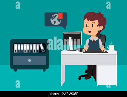 Im Büro am Schreibtisch vor dem Computer sitzen, erhalten eine Benachrichtigung, trend Thema, Konzept der online arbeiten. Stockfoto