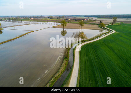 Überschwemmte Felder für den Reisanbau in der Poebene, in Italien. Panoramablick auf das Luftbild. Typische Landschaft Landschaft Norditaliens mit unbefestigten Straßen, f Stockfoto