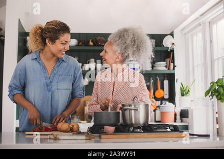 Ältere Erwachsene Frau Kochen einer Mahlzeit mit Tochter Stockfoto