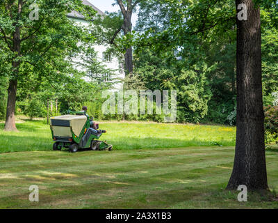 Rasentraktor mäht Rasen im Park Stockfoto