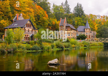 Treseburg ist eine Gemeinde im Landkreis Harz in Sachsen-Anhalt, Deutschland. Treseburg liegt am Zusammenfluss der Luppbode Stockfoto