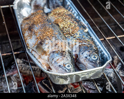 Frische gewürzte Forelle auf dem Grill Stockfoto