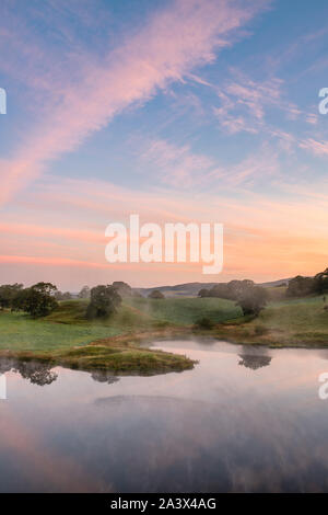 Am frühen Morgen Nebel über Morton Loch bei Sonnenaufgang im September. Dumfries und Galloway, Scottish Borders, Schottland Stockfoto