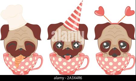 Cartoon kawaii pug im Retro-Design. Stock Vektor