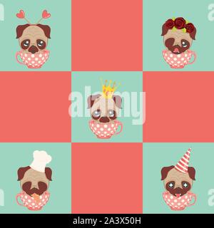 Cartoon kawaii pug im Retro-Design. Stock Vektor