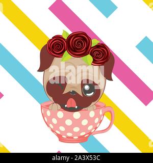 Cartoon kawaii pug im Retro-Design. Stock Vektor