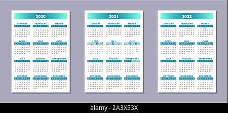 Satz von 3 Kalender vorlagen, Englische Sprache, Sonntag, 1. 2020, 2021, 2022 Jahr vector Gradient Stock Vektor