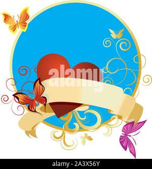 Blauer Kreis mit goldenen Rand, blättern Sie vintage Banner und butterlies bunten Rahmen Aufkleber Stock Vektor