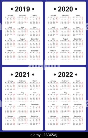 Satz von 4 Kalender vorlagen, Englische Sprache, Montag erster. 2019, 2020, 2021, 2022 Jahr Vector Stock Vektor