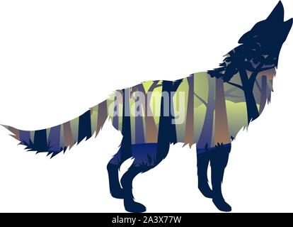 Silhouette der Wolf heult Abstraktion mit Nacht Wald. Stock Vektor