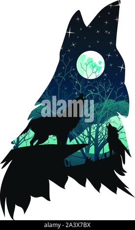 Silhouette der Wolf heult Abstraktion mit Nacht Wald. Stock Vektor