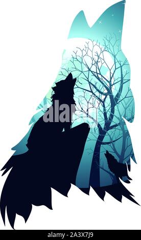 Silhouette der Wolf heult Abstraktion mit Nacht Wald. Stock Vektor