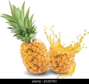 Ananassaft close-up. Frische Ananas Saft. Splash mit Ananas auf einem weißen Hintergrund. Vektorgrafiken. Realistische Ananas. Stock Vektor
