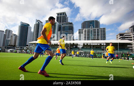 10. Oktober 2019; Langley Park, Perth, Western Australia, Australien; Welt Mini Football Federation World Cup Halbfinale; Ungarn gegen Brasilien, Brasilien Aufwärmen vor dem Start des Spiels - Redaktionelle Verwendung Stockfoto