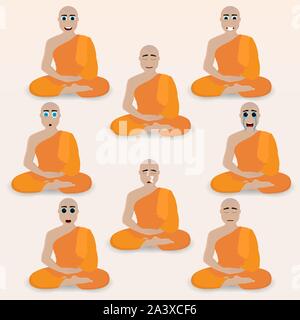Einstellen der netten Mönch Emoticons. Die verschiedenen Emotionen des Charakters. Satz von avatar Symbole. Vector Illustration. Stock Vektor
