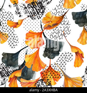 Abstrakte Aquarell nahtlose Muster in herbstlichen Farben. Zeichnung der Ginkgoblätter, Tinte Doodle, Grunge, Wasser Farbe Papier Texturen. Floral background für Stockfoto