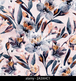 Moody Aquarell alstroemeria Blume nahtlose Muster schönen botanischen Blumen, Blätter, Knospen auf Pastell grunge Hintergrund. Handgemalten floralen Illu Stockfoto