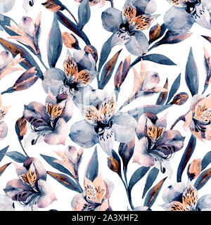 Moody Aquarell alstroemeria Blumen nahtlose Muster. Wunderschöne botanische Blumen, Blätter, Knospen auf weißem Hintergrund. Handgemalten floralen illustrati Stockfoto