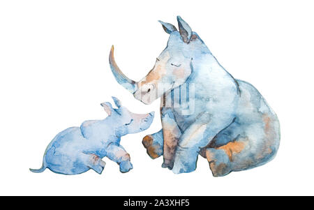 Aquarell rhino Familie. Niedliches kleines Nashorn mit seiner Mama auf weißem Hintergrund. Rhino Mutter mit Jungtier, Tier Zeichen. Aquarell nurser Stockfoto