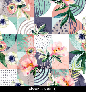 Moderne nahtlose geometrischen und floralen Muster: Aquarell Blumen und Blätter auf halbkreise, Kreise, Quadrate, grunge Texturen, doodles abstrakte backgr Stockfoto